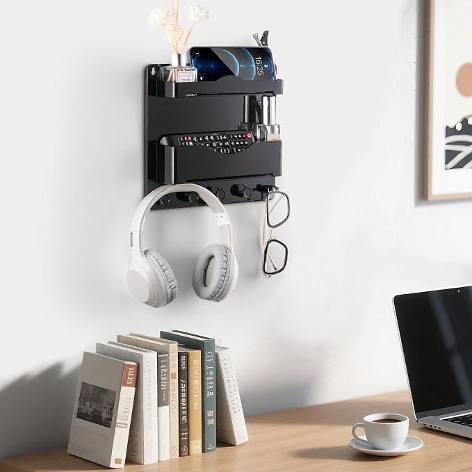 Bedside Wall Shelf with Glasses Hooks ，Adhesive Bedside Organizer Wall Mount for Dorm and Room Accessories Phone，Remote，Earphone， Kindle (Black) - Image 7