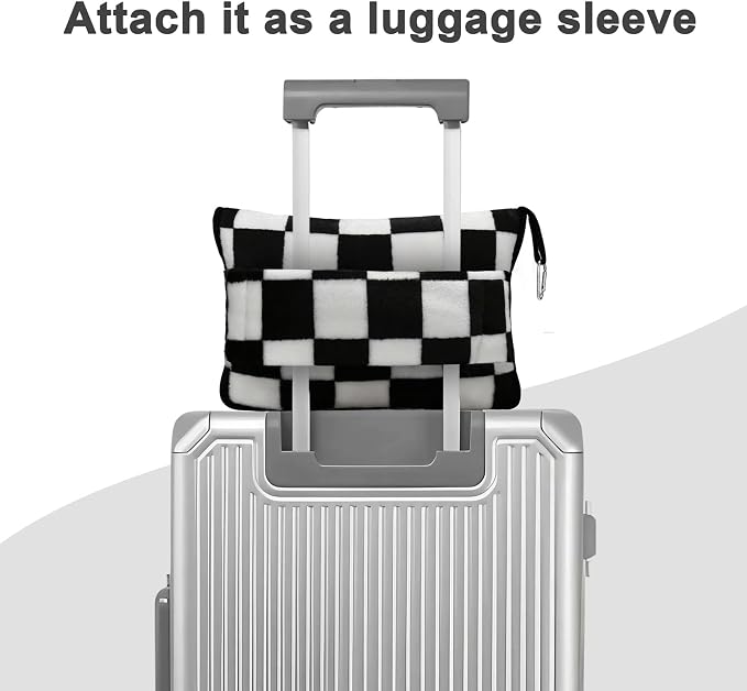 Travel Blanket and Pillow Compact, Premium Soft 2 in 1 Airplane Blanket with Soft Bag Pillowcase，Hand Luggage Sleeve and Backpack Clip (Checkered Black) - Image 5