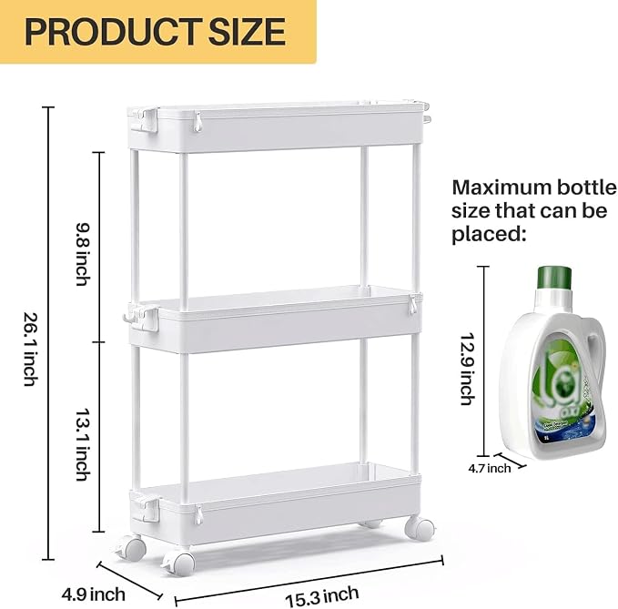 SPACEKEEPER Slim Rolling Storage Cart, 3 Tier Bathroom Cart Organizer,White | Narrow Rolling Cart with Wheels for Kitchen Office Bathroom Laundry Room,Mobile Utility Cart for Craft Art Makeup Nail Polish - Image 2