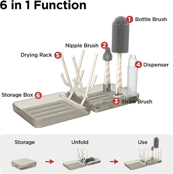 Travel Bottle Brush Set, Foldable Drying Rack, Dispenser | For On-The-Go Parents, 3 Silicone Brushes, Foldable Rack, Dispenser. Drying Slots, BPA-Free. - Image 7