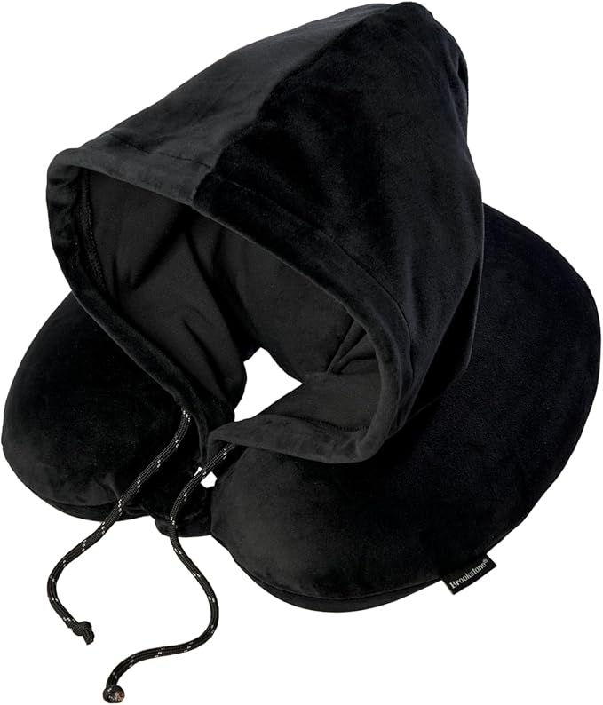 Brookstone Travel Pillow U-Shaped Memory Foam Hooded Pillow with Snap | Attached Hood Blocks Light for Deeper Sleep on Flights, Soft Cushioning Contours to Your Head, Closure Clips to Any Bag by Unknown