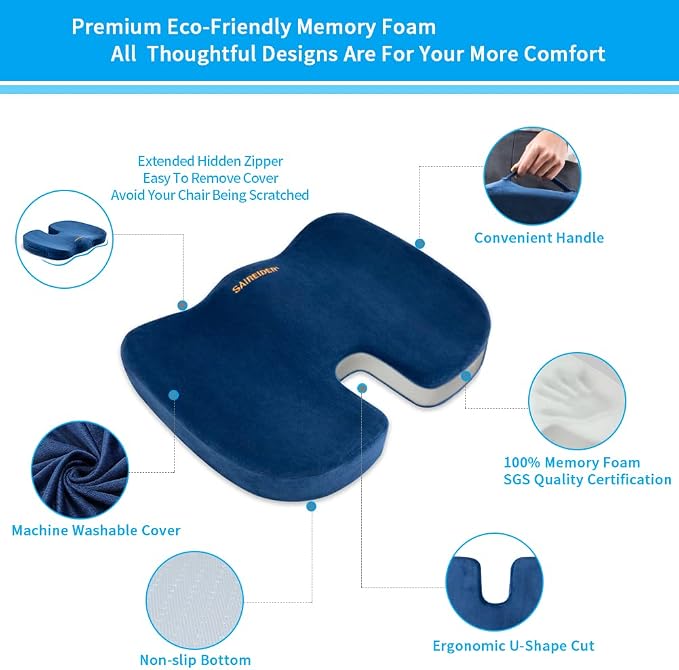 SAIREIDER Chair Cushions for Office, Memory Foam Coccyx Cushion Pads for Tailbone Pain, Car Seat Cushion, Sciatica Relief Pillow, Correct Sitting Posture (Navy Blue) - Image 3