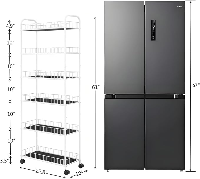 10in Slim Storage Cart, Metal 6-Tier Narrow Rolling Shelf, Sturdy Slim Storage with Hooks Ideal for Kitchen, Bathroom, and Laundry Room (10in White) - Image 3