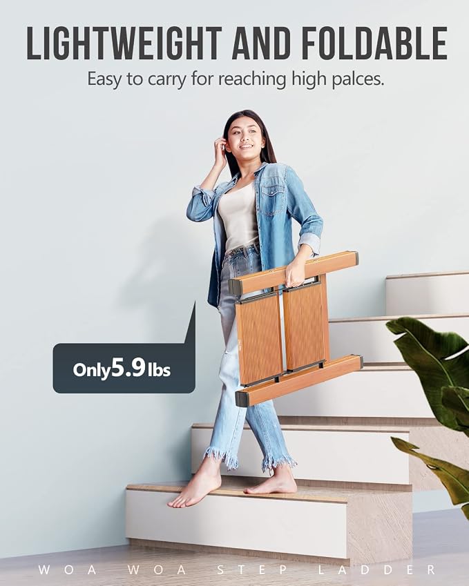 2 Step Ladder, Foldable Step Stool, 300lbs Load, Wood Grain | Folded 26''H x 3''T; Net 5.9 lbs; Rigid Aluminum Steps; No Assembly; For Home, Kitchen, Office, Pantry, Closets, Cabinets - Image 3