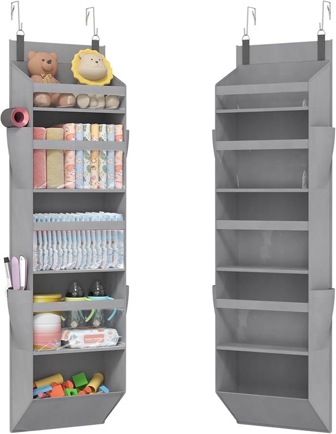 Lifewit 1 Pack Over the Door Organizer, Clear Window Hanging Storage with 4 Side Pockets, Anti Tilt 40 lbs Load Behind Door for Pantry, Nursery, Bathroom, Bedroom, Dorm, 5 Section, Gray by Lifewit