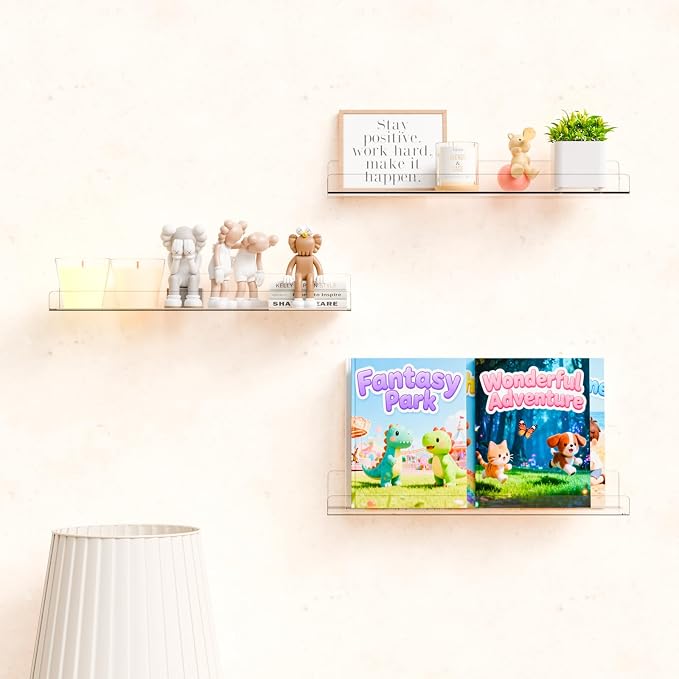 4 Pack 15" Acrylic Shelves for Wall,Bathroom,Bedroom - with Adhesive - No Drilling Clear Floating Shelves for Funko Pop,Lego,Action Figures,Nail Polish,Perfume Shelf and Wall Storage & Display - Image 2