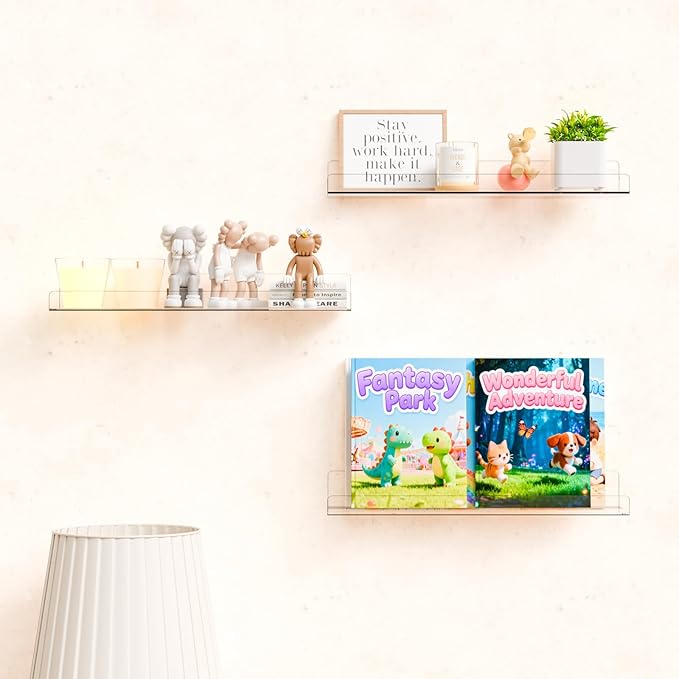6 Pack 15" Acrylic Shelves for Wall,Bathroom,Bedroom - with Adhesive - No Drilling Clear Floating Shelves for Funko Pop,Lego,Action Figures,Nail Polish,Perfume Shelf and Wall Storage & Display - Image 2