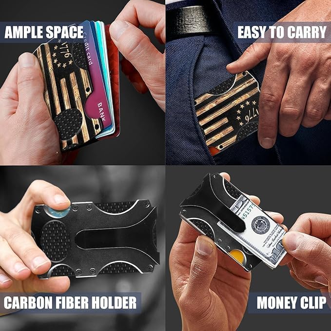 Wood Grain 1776 Flag Minimalist Wallet for Men | Slim RFID Aluminum Metal Wallet, Scratch Resistant & Seamless, Credit Card Holder & Money Clip, Holds up 12 Cards and Cash - Image 4