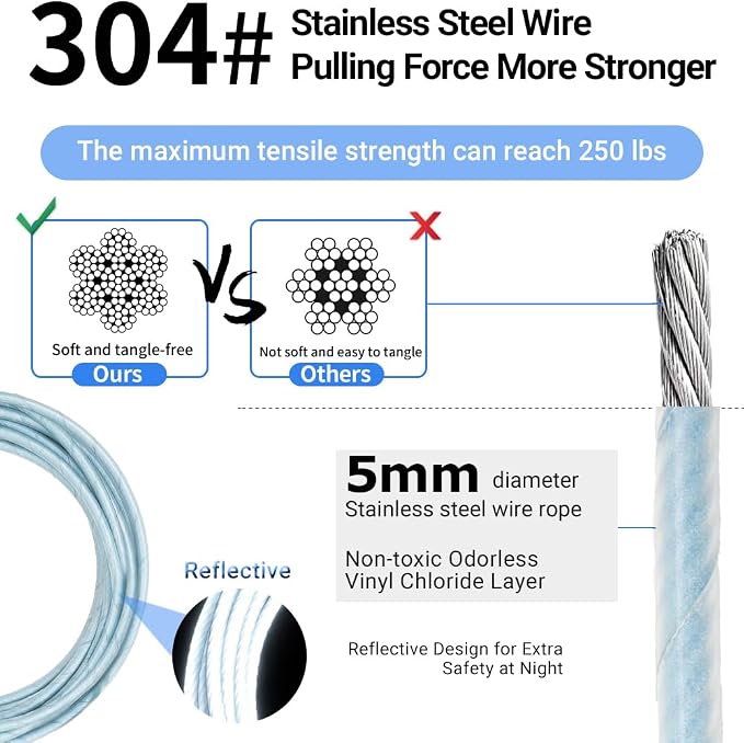 5mm Security Cable Lock with High Reflective Threads, Flexible Steel Safety Cable for Bicycle Motorcycle Luggage, 4FT 7FT 10FT 15FT Double Loop Design (Light Blue, 2pack-10FT) - Image 6