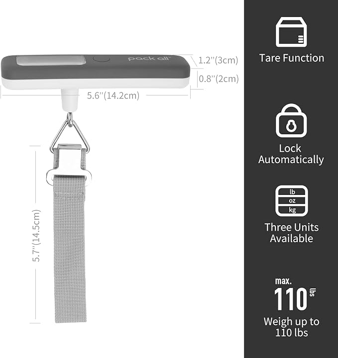 pack all Digital Luggage Scale for Travel, 110Lbs Capacity, 0.1Lb Precision | Handheld, Backlit LCD Display, Lb/Kg/Oz Conversion, Tare Function, Battery Included - Image 3