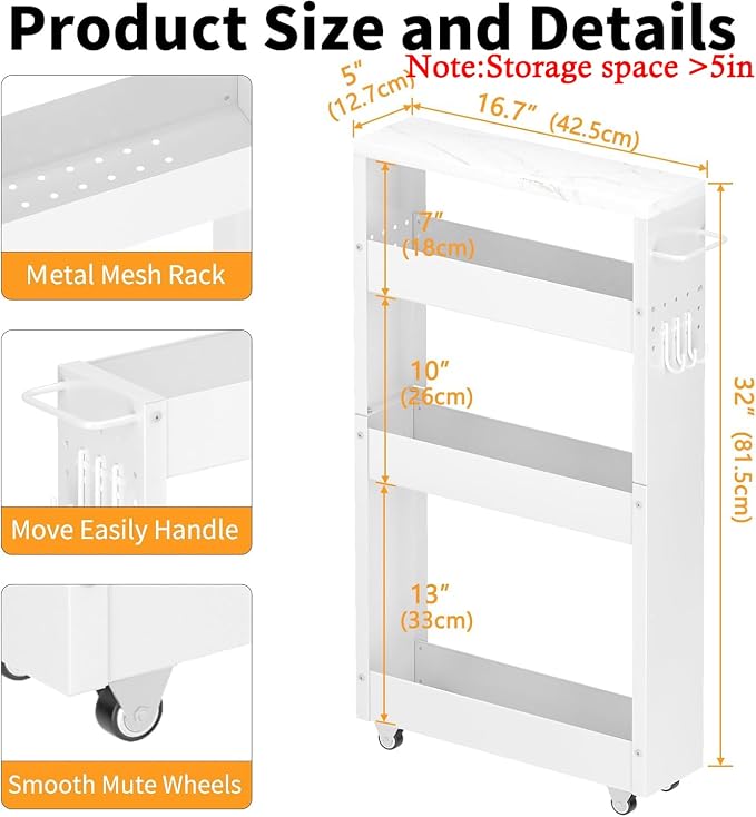 XYZLVSI Slim Storage Cart, 4 Tier Narrow Kitchen Rolling Cart with Wheels | 5.1" W narrow shelf for small spaces, 13" bottom metal utility cart with handle for bathroom/laundry, skinny storage cart - Image 6