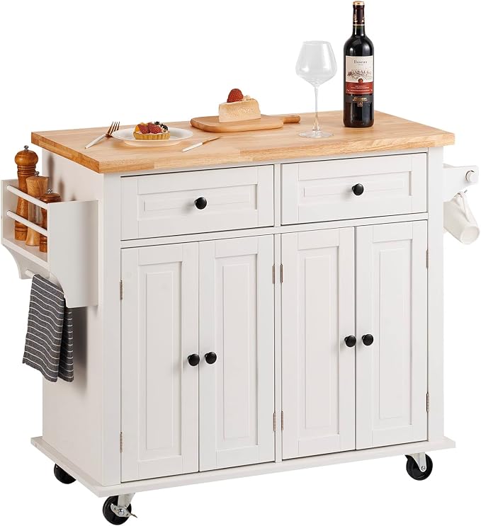 VEVOR Kitchen Island Cart with Solid Wood Top, 35.4" Width Mobile Carts with Storage Cabinet, Rolling Kitchen Table with Spice Rack, Towel Rack, and Drawer, Portable Islands on Wheels, White | Rolling Table with Storage Cabinet, Spice/Towel Rack, Drawe... by VEVOR