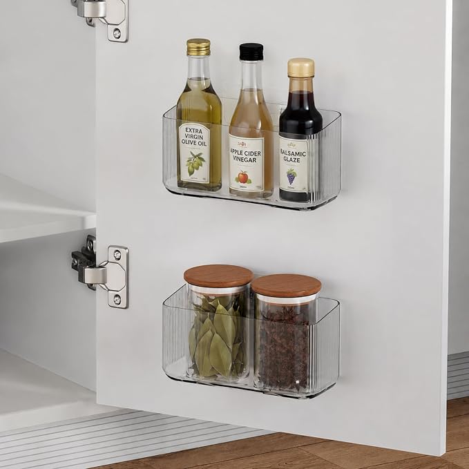 Cruet stands, 2 Pack Cabinet Door Organizers Plastic Wrap Holders for Kitchen Organizers, No drilling Wall Door Mount Kitchen Wrap Rack for Foil Wrap, Cling Wrap, and Food Bags, Clear - Image 2