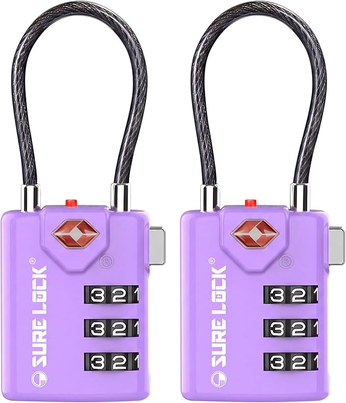 SURE LOCK TSA Approved Luggage Locks with Open Alert Indicator, 3 Digit Combination Cable Travel Lock for Suitcase, Backpack, Gym Locker, Toolbox & Travel Bag(2, Purple 2 Pack) by Hopeyoucanstaysafe