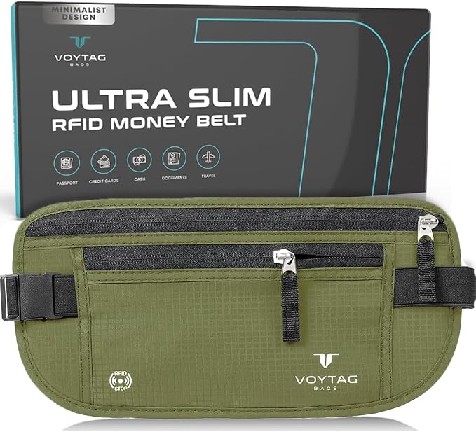 Travel Money Belt & Passport Holder - RFID Blocking Slim Travel Wallet & Fanny Pack for Men and Women - Essential Travel Pouch for Cash, Credit Cards, and Documents (Green Color) by VOYTAG
