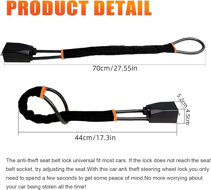 DualGuard Car Steering Wheel & Seat Belt Lock - 17" Universal Anti-Theft Device for Vehicles, SUVs, Golf Carts | Compact & Lightweight Security Lock with Multi-Function Keys (Black) - Image 4