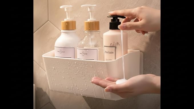 Bath Shelve, Adhesive Shelf Shower Caddy Bathroom Organizer, No Drill Wall Mounted Shower Caddy Basket Plastic，White Storage Rack for Bathroom/Kitchen - Image 6