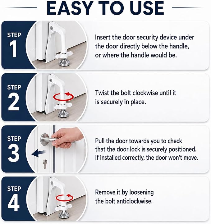 Portable Door Stopper Door Lock for Travel Anti Theft Door Blocker, Security Door Stoppers for Bottom of Door, No Drill Safety Doors Stopper Hotel Door Locks for Travelers Security (White) - Image 6