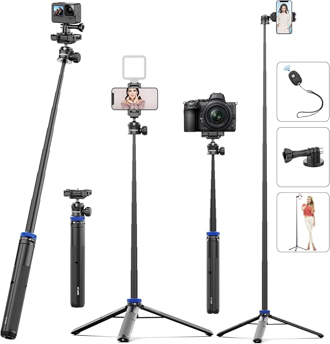 Kaitezenz Selfie Stick Tripod for Gopro Camera, 64" Extendable Stand with 360° Ball Head 1/4" Screw, Portable Lightweight Camera Tripod for GoPro Max Hero 11 10 9 8 7 6 5 DJI OSMO Action Phone - Image 2