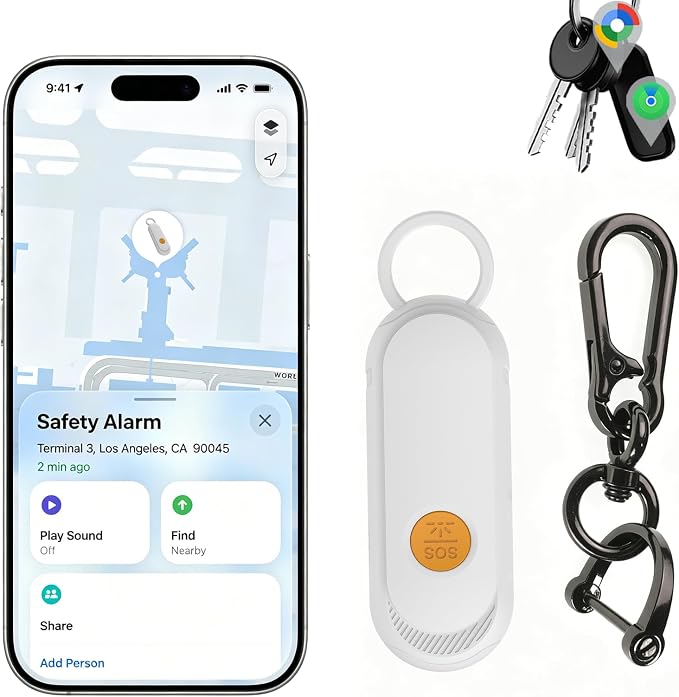 Personal Safety Alarm, Find My Tracker Keychain for Apple & Google, White | Real-Time Tracking • Loud Alarm • SOS Strobe • Apple & Android Compatible • Personal Safety by Unknown
