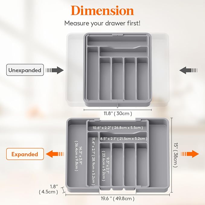 Lifewit Expandable Silverware Drawer Organizer, Kitchen Utensil Tray | BPA-free Plastic Flatware Cutlery Holder, Space-Saving Storage for Spoons Forks Knives, 11.8-19.6 x 15“, Gray - Image 3