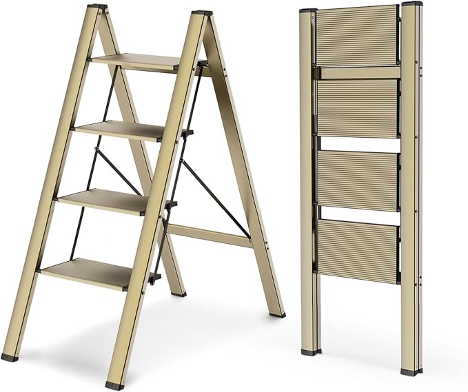 Aluminum 4 Step Ladder, Foldable Step Stool, 300lbs Load, Gold | Folded 43''H x 2''T; Net 9.9 lbs; Rigid Aluminum Steps; No Assembly; For Home, Kitchen, Office, Pantry, Closets, Cabinets by WOAWOAHOME