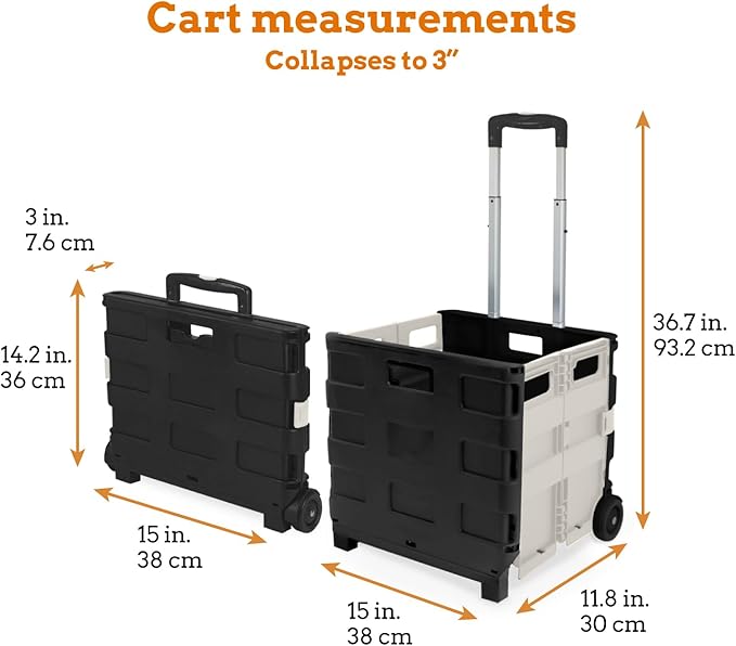 Inspired Living Ultra-Slim Rolling Collapsible Storage Pack-N-Roll Utility-carts, with Telescopic Handle, for Home, Garden, Shopping, Office, School use, Medium, White & Black - Image 2