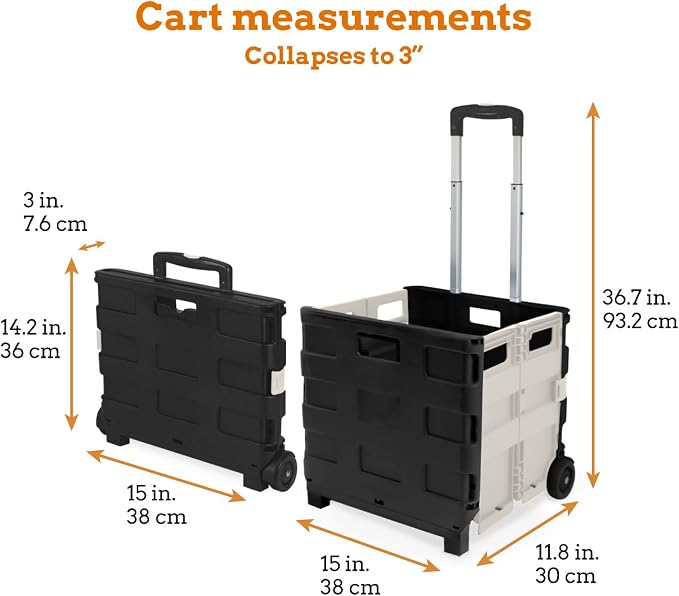 Inspired Living Ultra-Slim Rolling Collapsible Storage Pack-N-Roll Utility-carts, with Telescopic Handle, for Home, Garden, Shopping, Office, School use, Medium, White & Black - Image 5