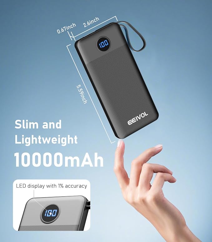 Portable Charger with Built in Cables, Slim 10000mAh Power Bank, USB C Battery Pack Travel, 4 Output 2 Input External Charging Bank for iPhone 17/16/15/14/13,Samsung, Android, etc-Black(1 Pack) - Image 4