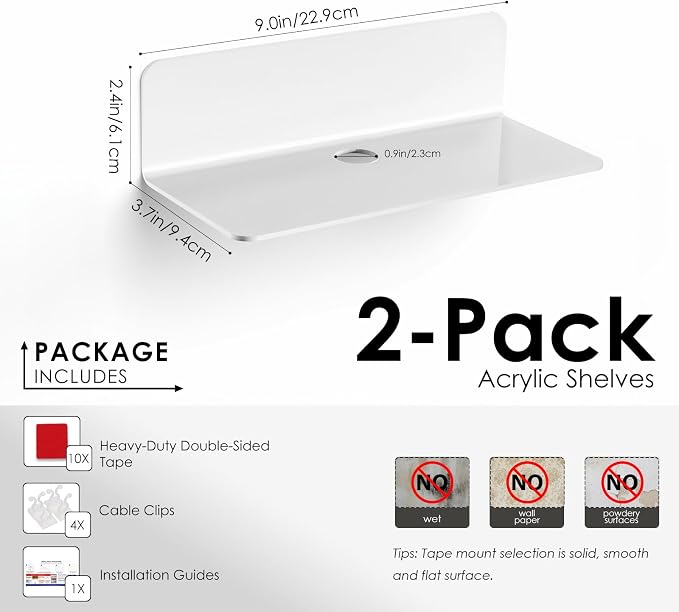OAPRIRE Acrylic Floating Wall Shelves White, No Drill, 9 Inch 2 Pack | Strong Tape Adhesive Wall Shelf, Easy Installation, Hole Design with Cable Clips, Small Spaces Bedroom Bathroom Living Room - Image 7