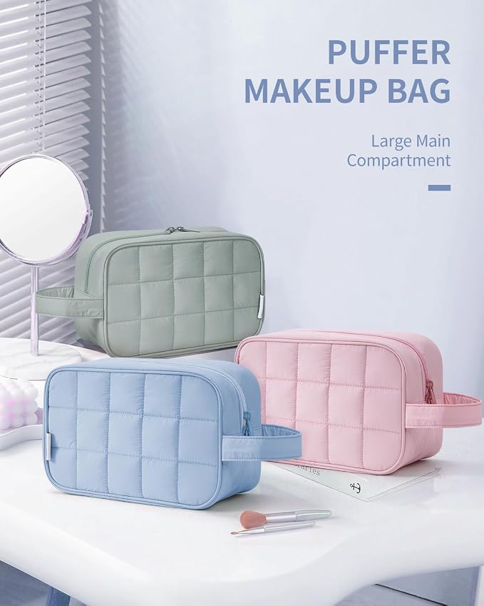 Narwey Puffy Travel Toiletry Bag for Traveling Women Girl, Travel Bag for Toiletries, Cute Makeup Bag Cosmetic Bag Organizer, Quilted Make Up Skincare Medicine Bags (Blue) - Image 7