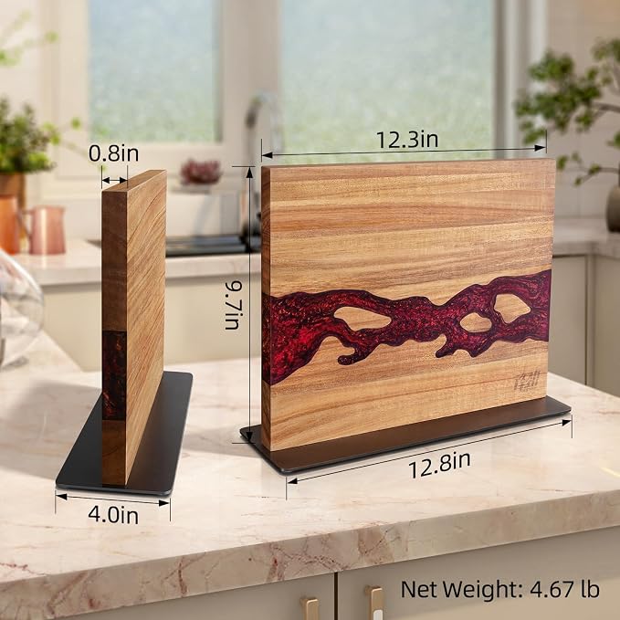 Magnetic Knife Block, Double Sided Holder, Powerful Magnet Kitchen Storage, Acacia Wood and Red Resin (12 x 10 Inches, Without Knives) - Image 7