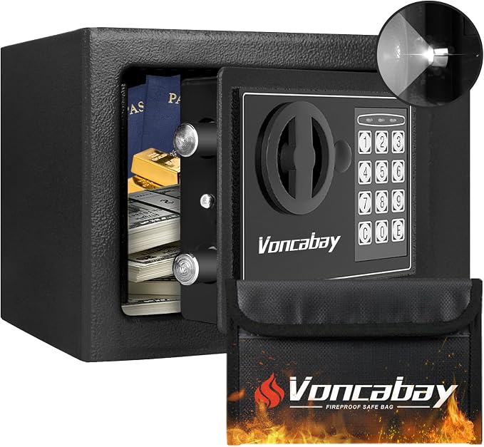 Voncabay Money Safe Box for Home with Digital Keypad, 0.23 Cu. Ft., Black | Alloy Steel, Sensor Light, Fireproof Bag Included, 2 Override Keys, 4 Mounting Screws, Carpeted Mat, 9 x 6.6 x 6.5 In. by Voncabay