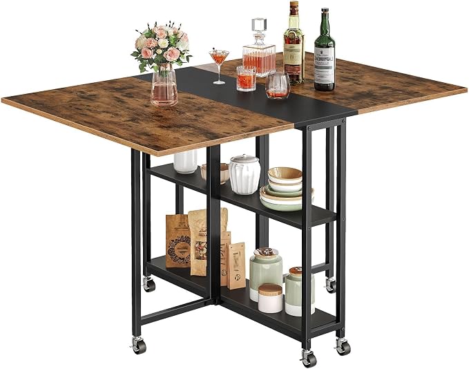 Folding Dining Table, Movable Dining Table, Expandable Kitchen Table, Versatile Table with 6 Wheels and 2-Tier Shelf, for Dining, Living Room, Apartment, Rustic Brown TCZ01BF by Choezon
