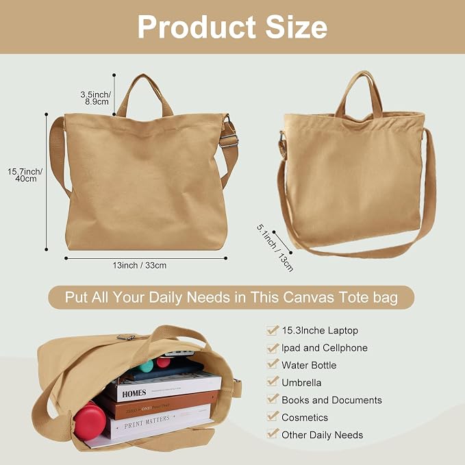 Women's Canvas Tote Bag inside Out Bag with Adjustable Crossbody Strap for Work Travel Shopping Durable Handbag for Men - Image 3