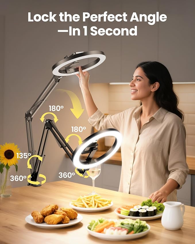 Pro Bright Overhead Ring Light with Clamp for Desk, Plug-in Powered for Stronger Lighting, Flexible Arm Phone Mount for Video, Cooking, Crafts & Livestream (18W) - Image 3