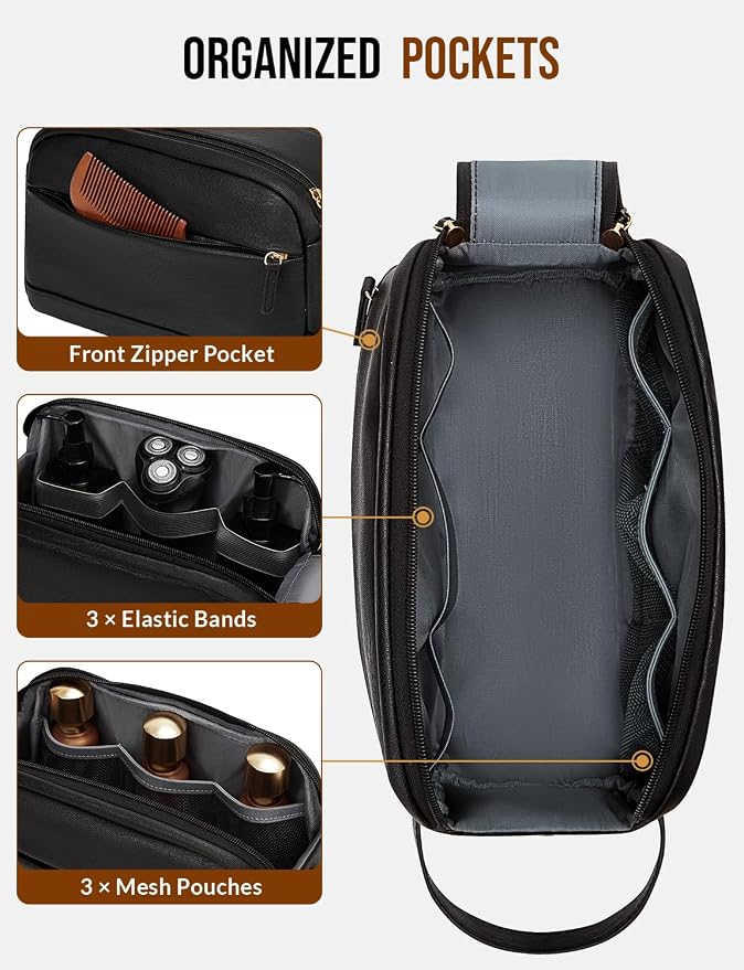 PU Leather Toiletry Bag for Men - Water Resistant Travel Bag for Toiletries, Bathroom Essentials, Accessories - Black - Image 3