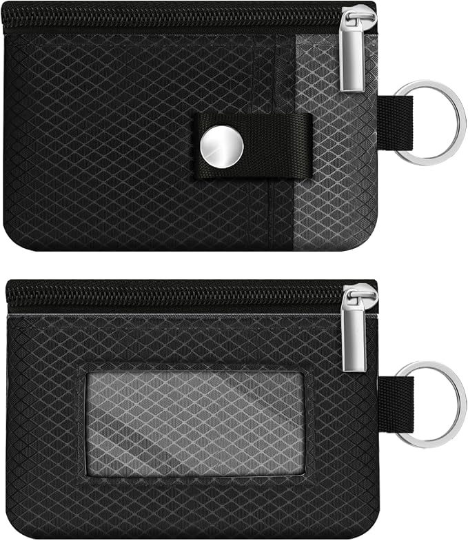 Minimalist RFID Blocking Small Wallet with ID Window,WaterResistant Zip Id Case Wallet with Lanyard Keychain for Cards,Cash,Travel,Women,Men (Black/DarkGrey) by CCUMI