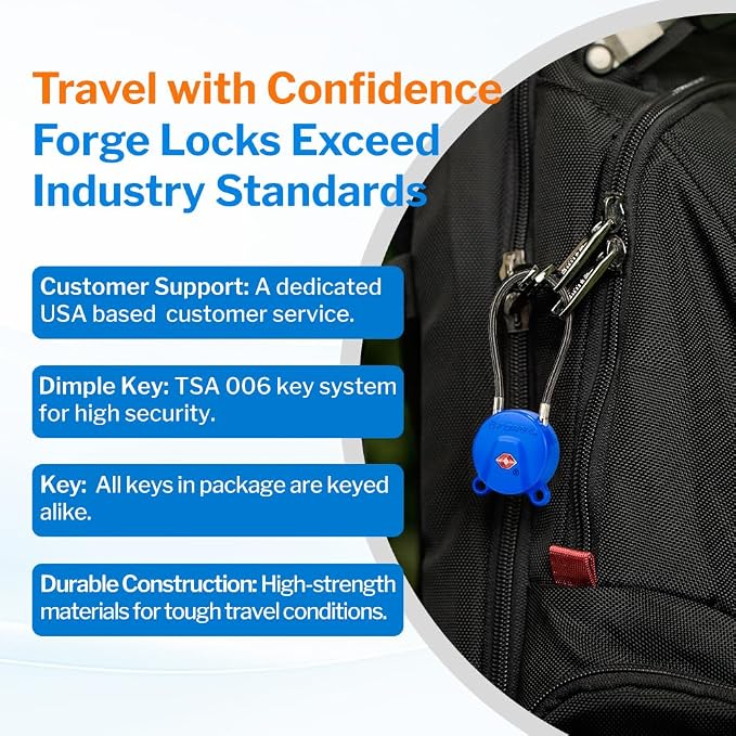Forge TSA Approved Luggage Locks Ultra-Secure Dimple Key Cable Locks for Travel with Zinc Alloy Body- 2 Blue Locks - Image 5