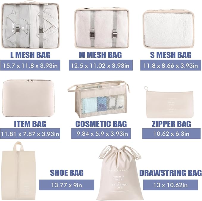 8 Set Packing Cubes for Suitcases, INVODA Travel Luggage Packing Organizers with Laundry Bag, Compression Storage Shoe Bag, Clothing Underwear Bag (Beige) - Image 2