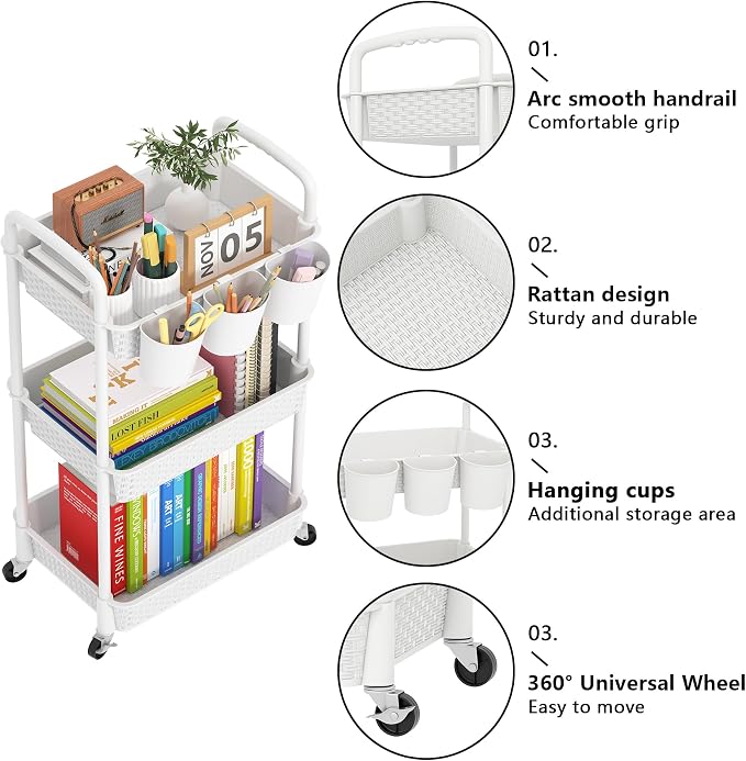 MOYIPIN 3-Tier Plastic Rolling Utility Cart with Handle,White | Utility Storage Cart for Office, Living Room, Kitchen,Movable Storage Organizer，Easy installation，Rattan-like art design - Image 5