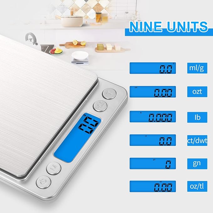 Small Digital Food Scale Ounce/OZ and Gram Scale, Kitchen Scale 3000g/0.1g High Precision for Baking, Soap Making, Jewelry, Includes 2 Trays and Batteries, 9 Units, Tare Function, Easy to Store - Image 5