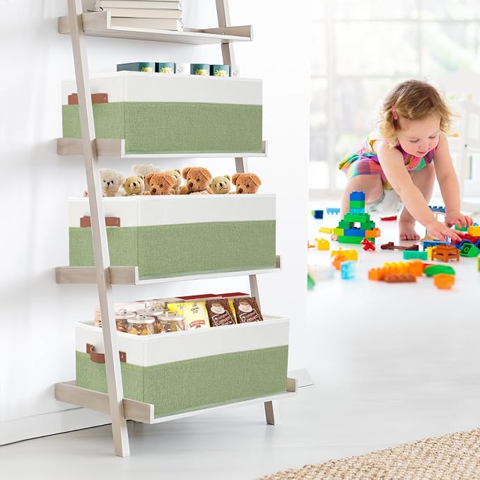 3 Pack Large Capacity Storage Bins Closet Organizer for Shelves | Fabric Closet Storage Baskets Boxes with Leather Handles for Organizing Clothes, Sheets, Jeans, Toys, Books (Green) - Image 2