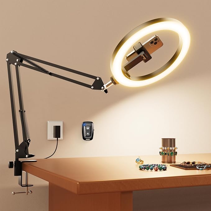 Pro Bright Overhead Ring Light with Clamp for Desk, Plug-in Powered for Stronger Lighting, Flexible Arm Phone Mount for Video, Cooking, Crafts & Livestream (18W) by Evershop