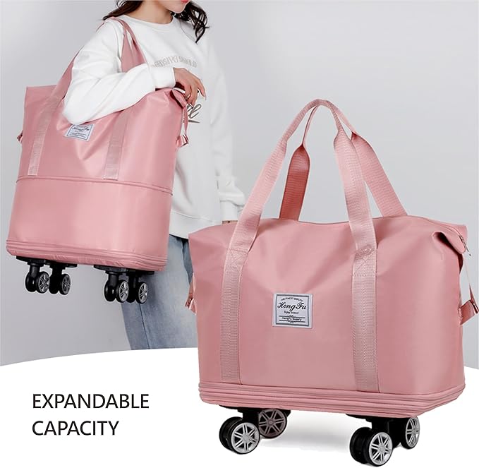 Expandable Foldable Duffel Bag with Detachable Rolling Wheels, Large Carry-On Luggage for Travel, Gym, Camping, Shopping, Business Trip (Pink) - Image 4
