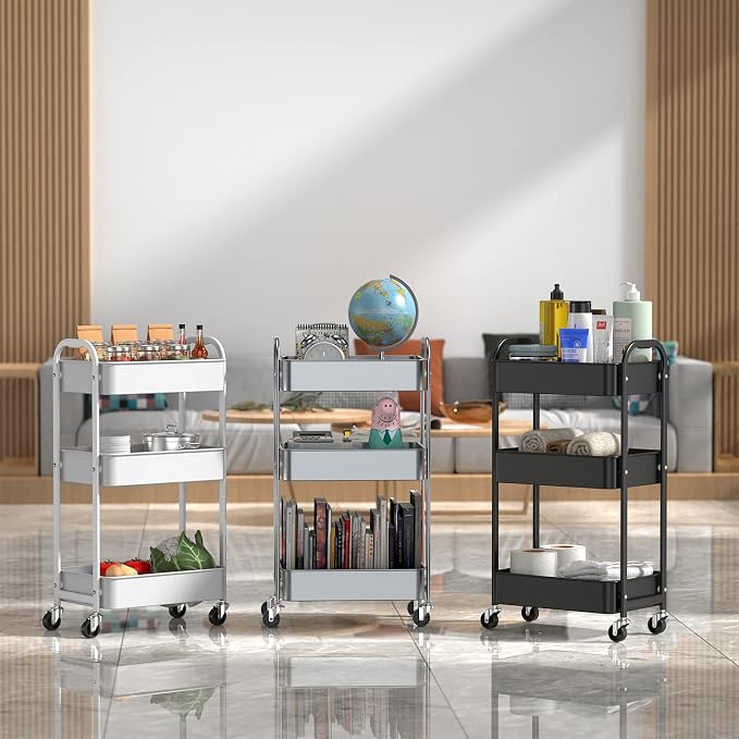 MAX Houser 3-Tier Rolling Utility Cart with Caster Wheels, Silvery-Grey | Easy Assembly, multi-purpose storage trolley for kitchen, rolling cart with smooth caster wheels for bathroom - Image 7