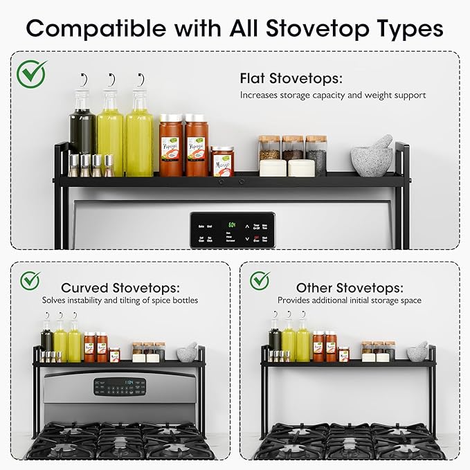 Bumusty Adjustable Stove Top Shelf, 4-Level Spice Rack, Black | Adjustable width and height use vertical space to keep spices organized above stoves or on kitchen counters - Image 3
