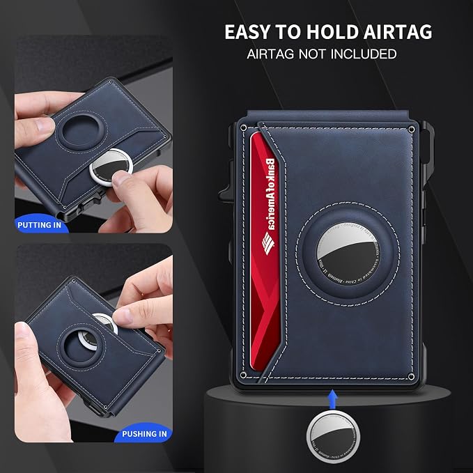 KIKVES Airtag Wallet for Men, Mens Smart Wallet for Air Tag RFID Blocking, Minimalist Bifold Pop Up Aluminum Credit Card Case Holder 12+ Cards with ID Window, Gift for Men, No Airtag Included, Navy - Image 8