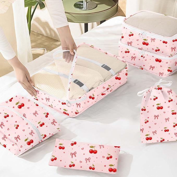 KPX 8 Set Packing Cubes for Travel, Luggage Packing Organizers Accessories Large Toiletries Bag for Clothes Shoes Cosmetics (8Set-Cherry & Bow) - Image 6