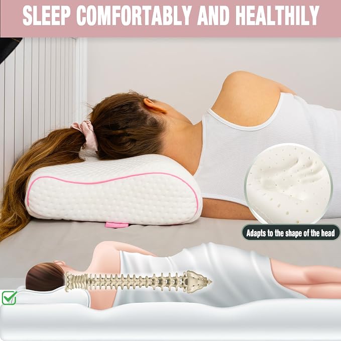 alkamto Travel & Camping Comfortable Memory Foam Pillow – Easy to Carry Portable Bag – Temperature Regulating Pillow Case (Pink Contour + Extra Cover) - Image 4